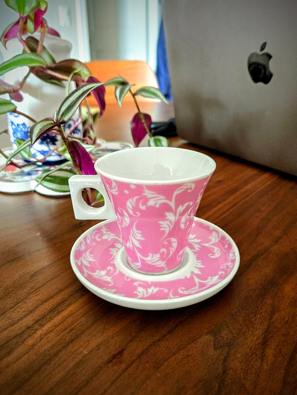 Pink and White Decorative Porcelain Espresso Cup & Saucer
